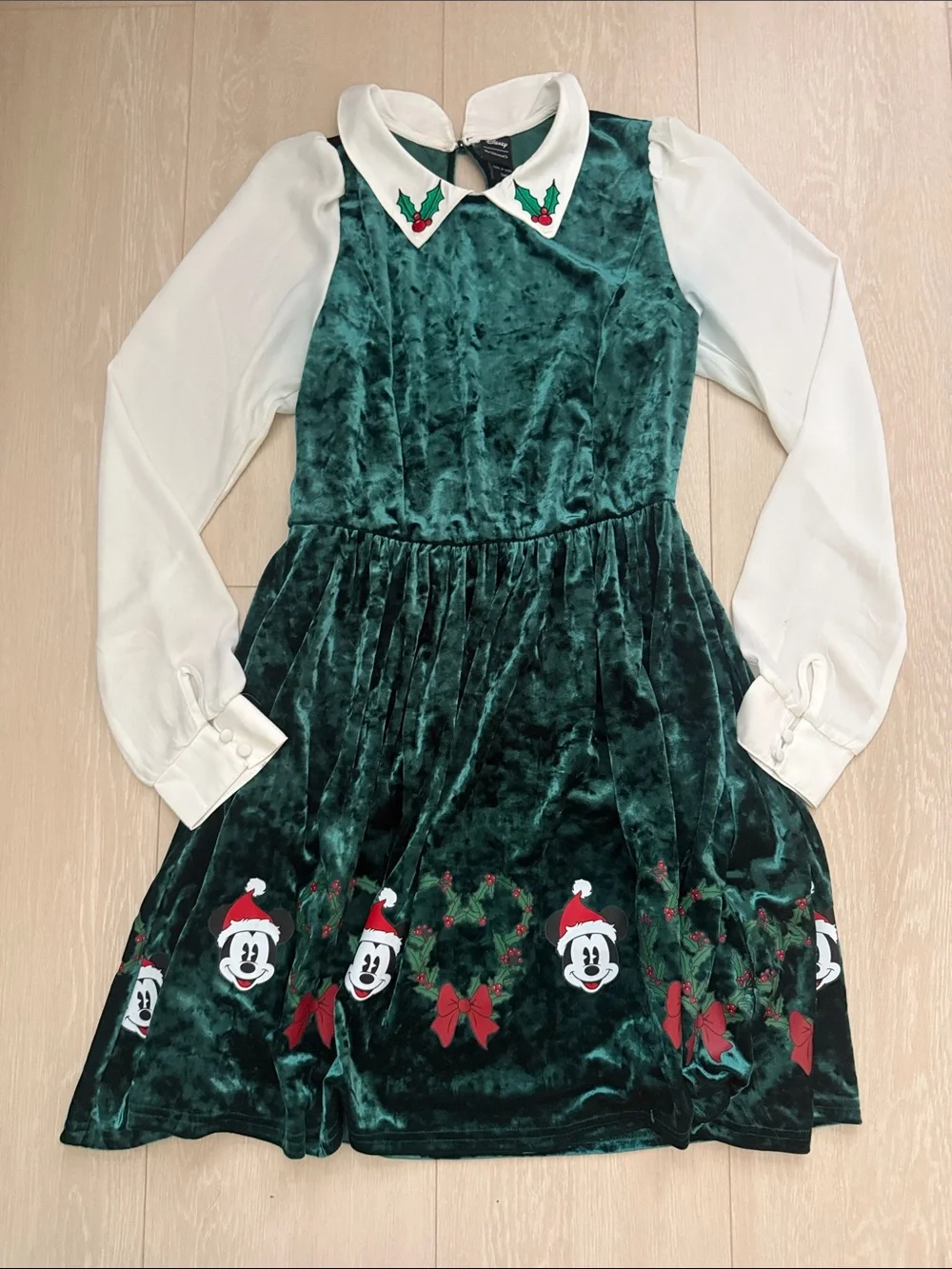 Disney Christmas Green Velvet Dress with White Collar and Embroidered Trim - Picture 2 of 9